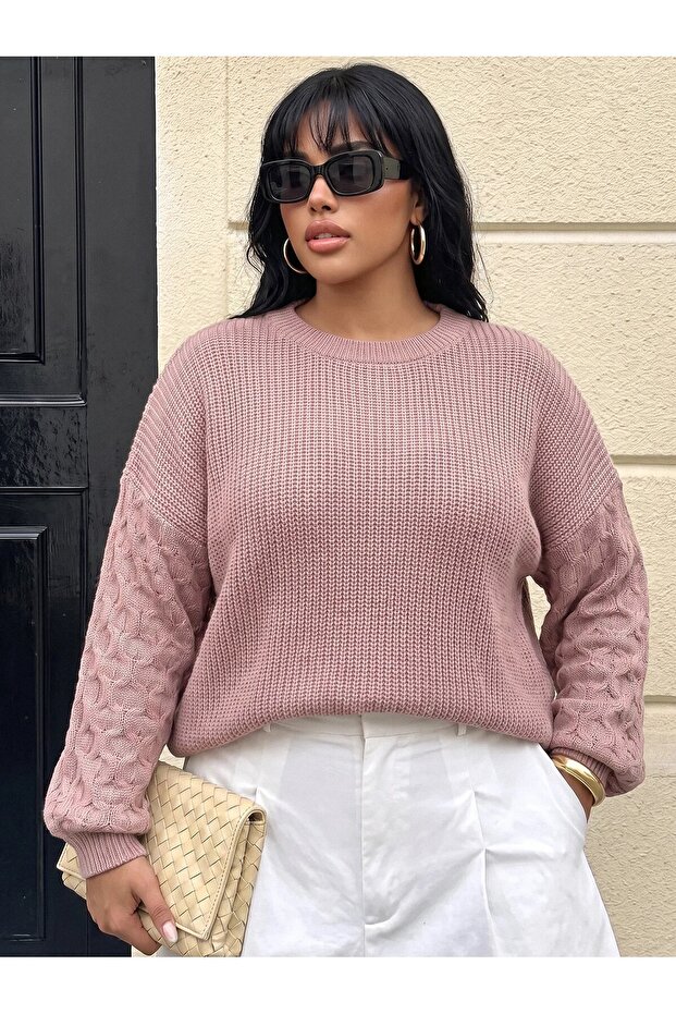 Plus Size Women's Crew Neck Hairnet Patterned Long Sleeve Knitwear Sweater