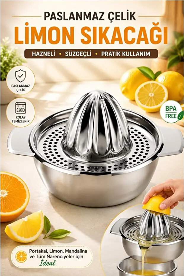 Stainless Steel Lemon Squeezer Citrus Orange Juicer with Bowl and Strainer