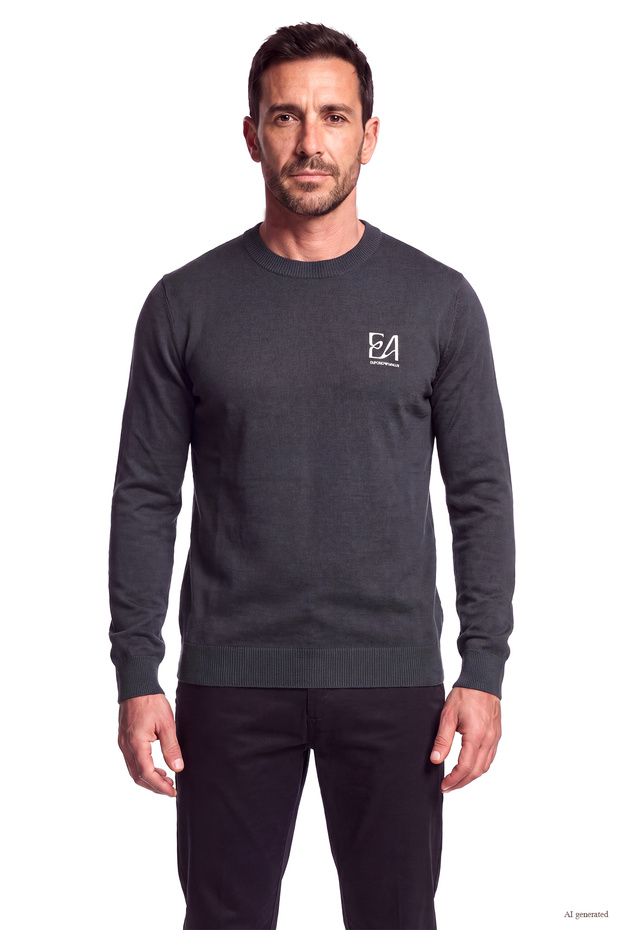 Men's Regular Fit Round Collar Logo Patterned Wool Content Long Sleeve Navy Blue Sweater