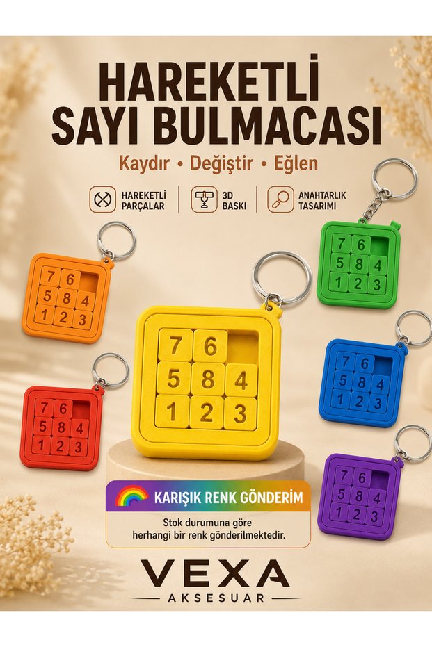 Boxed Moving Number Puzzle Keychain – 3D Printing Brain Teaser Puzzle Colorful Fun Keychain