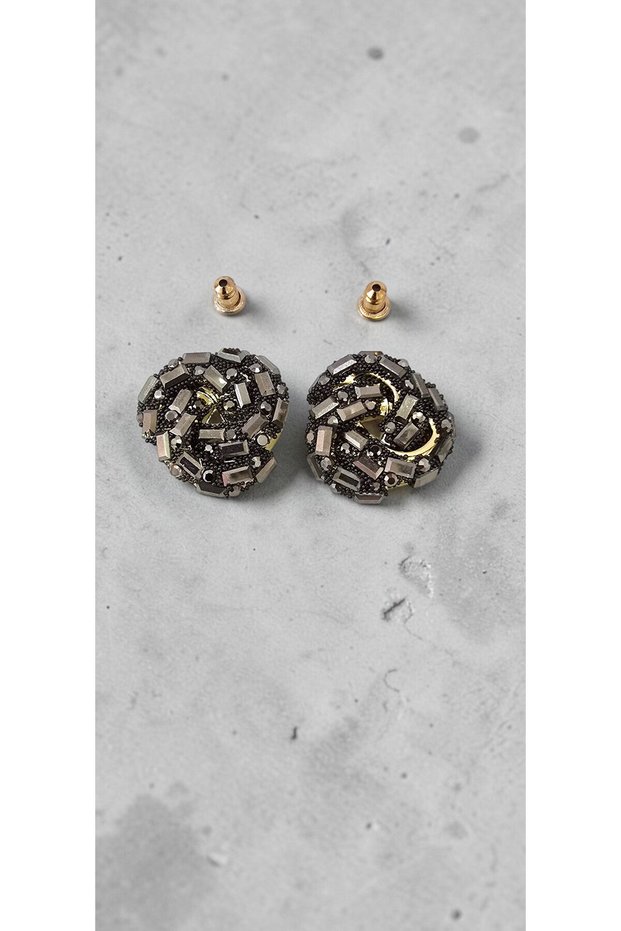 Black Crystal Baguette Stone Gold Color Round Steel Earrings - Tarnish Resistant