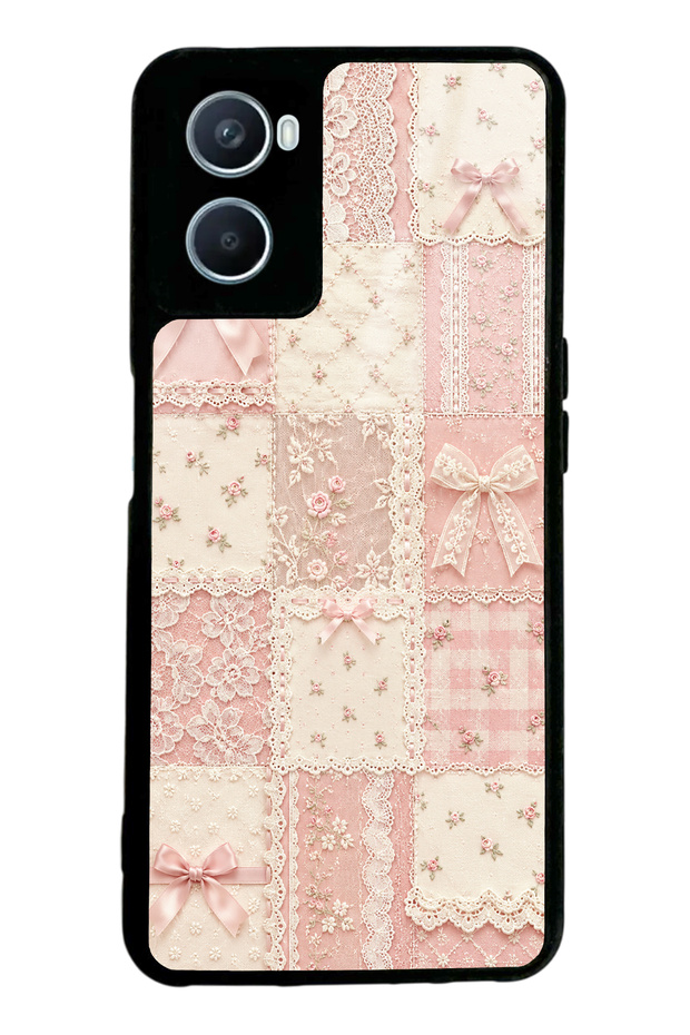 Oppo A96 Glossy Phone Case with Pink Lace Patchwork Design