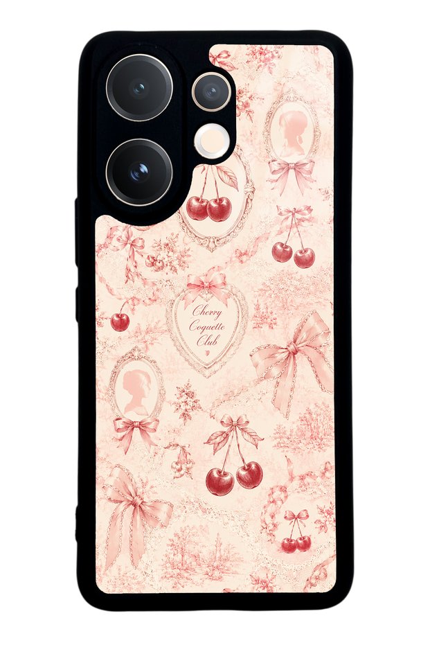 Vivo V60 Glossy Phone Case with Cherry Coquette Toile Design