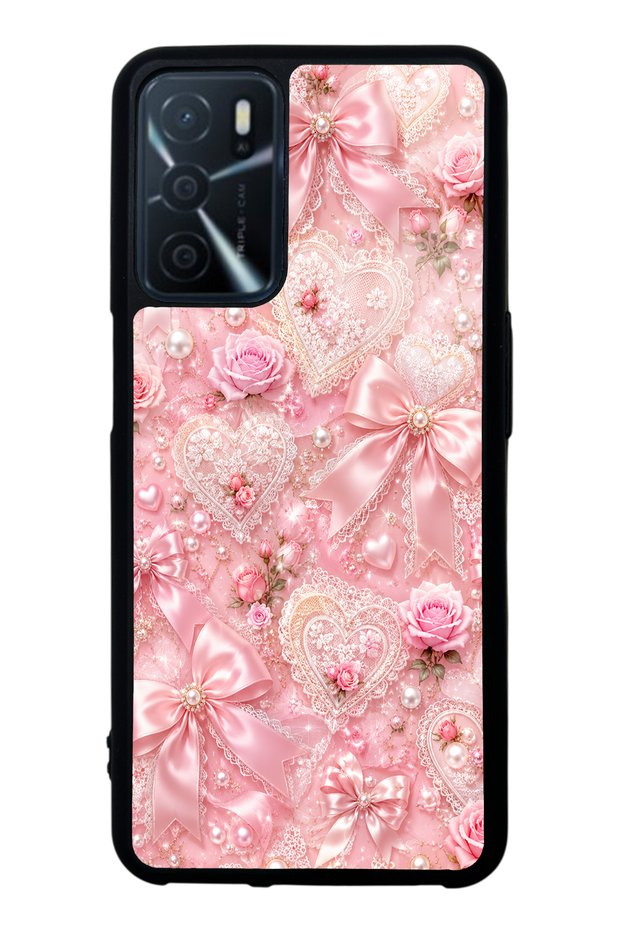 Oppo A16 Pink Lace Romance Design Glossy Phone Case