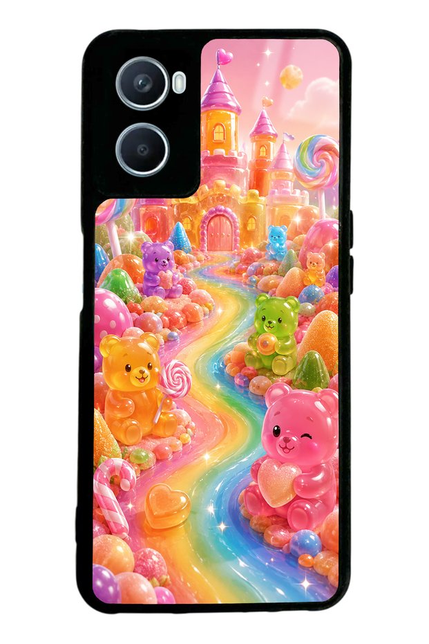 Oppo A96 Glossy Phone Case with Jelly Bear Castle Design