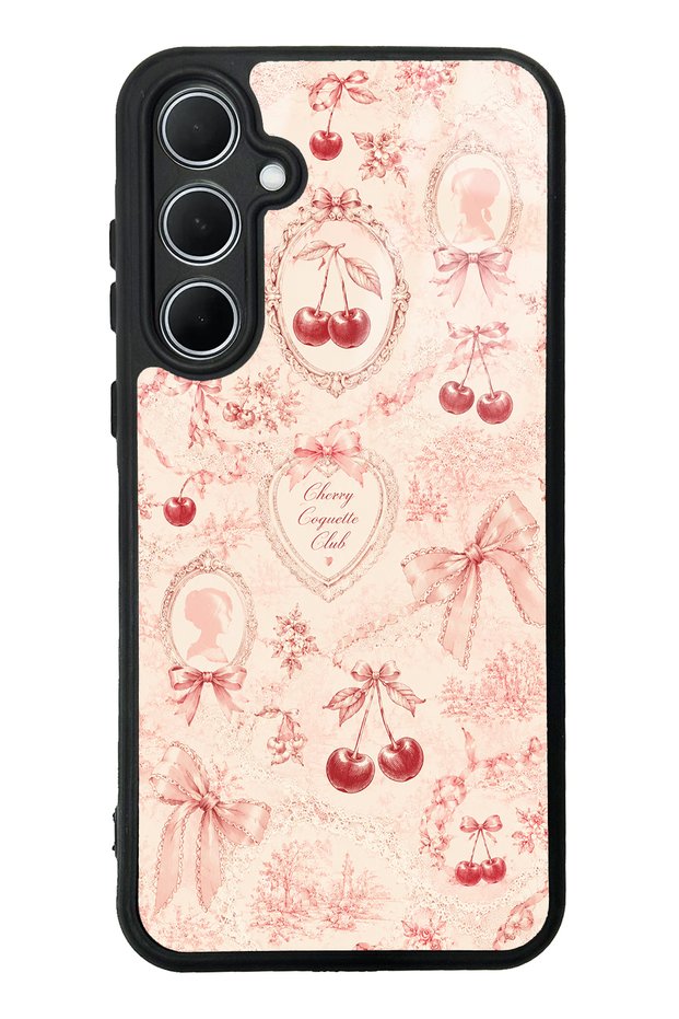 Samsung A35 Glossy Phone Case with Cherry Coquette Toile Design