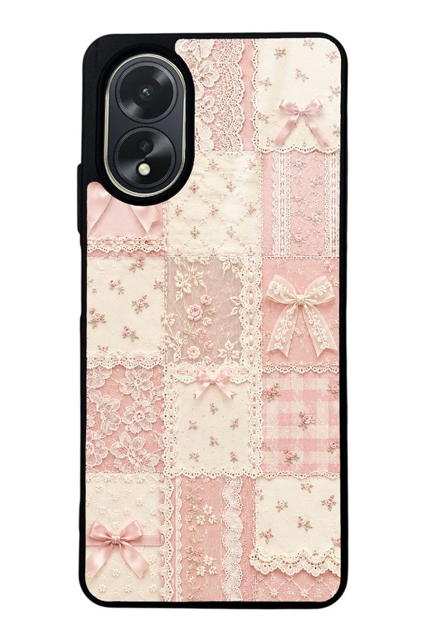 Oppo A38 Glossy Phone Case with Pink Lace Patchwork Design