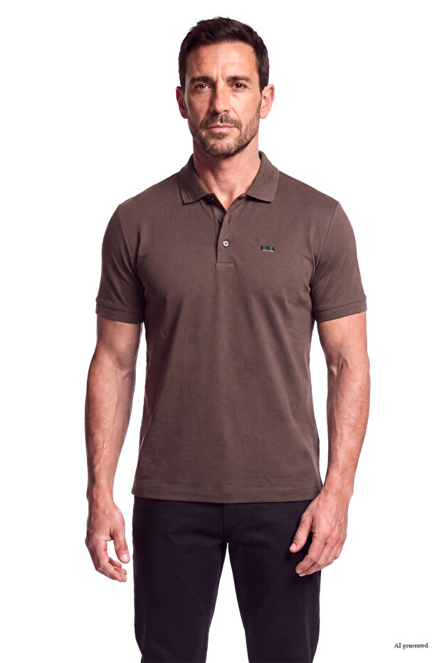 Men's Regular Fit Plate Logo Detailed Short Sleeve Brown Polo Collar T-Shirt
