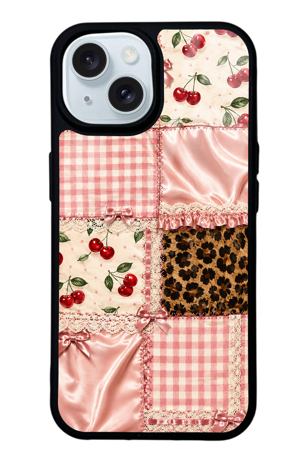 iPhone 15 Glossy Phone Case with Cherry Leopard Patchwork Design