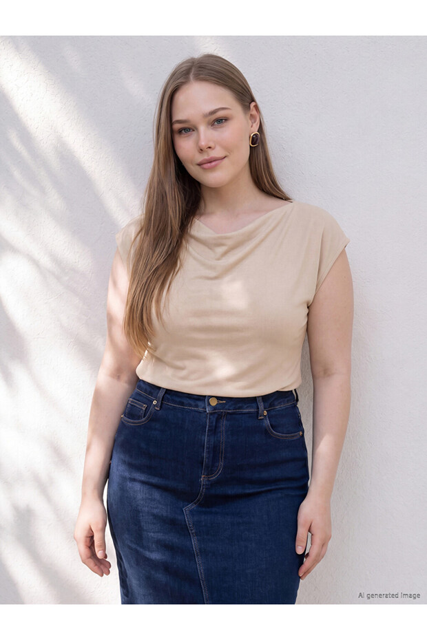 Vizyon New Season Beige Plus Size Flowy Collar Soft Touch Blouse