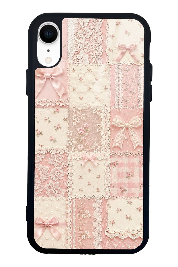 iPhone Xr Glossy Phone Case with Pink Lace Patchwork Design