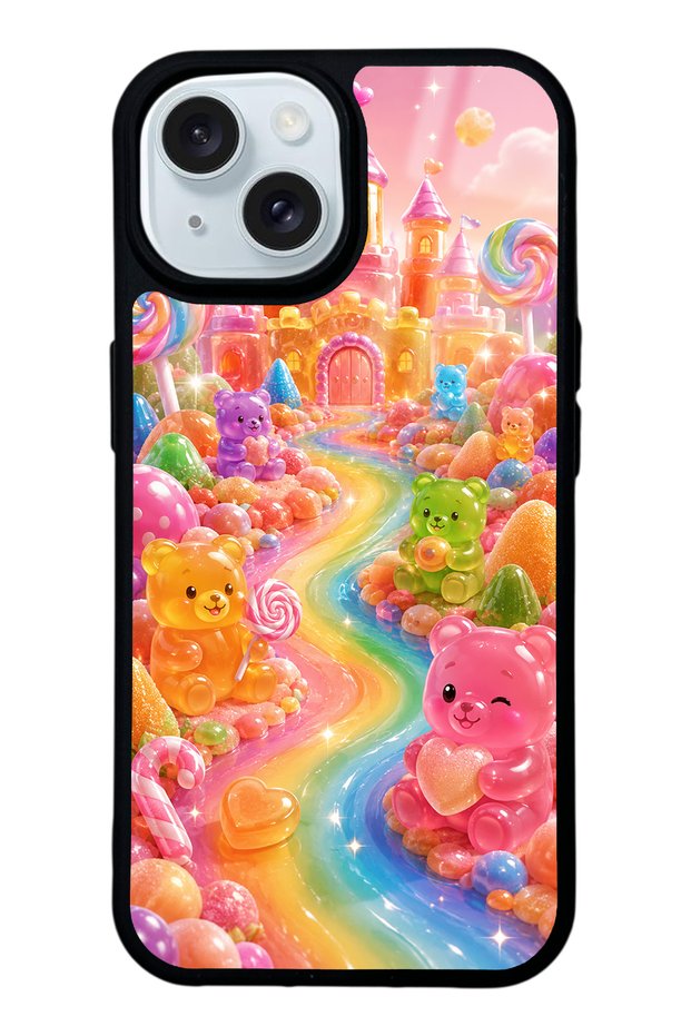 iPhone 15 Jelly Bear Castle Design Glossy Phone Case