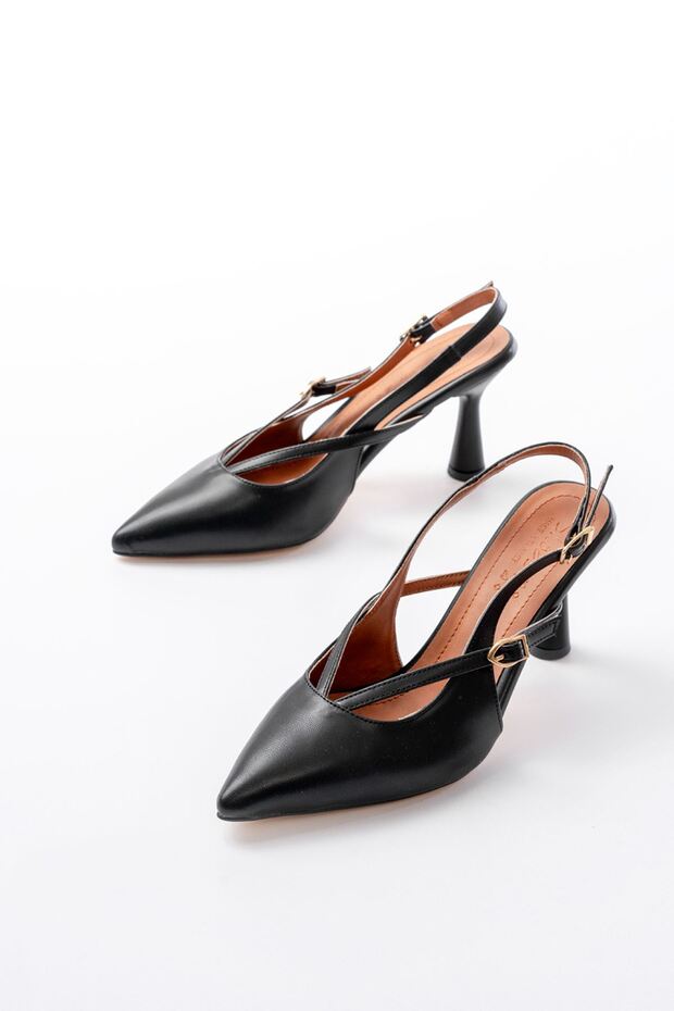 Zri̇n-4962 Black Pointed Toe Buckle Round Heel Women's Heeled Sandals 8.5 cm