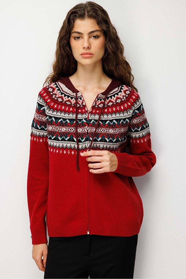 Women's Hooded Robe Jacquard Wool Cardigan Red