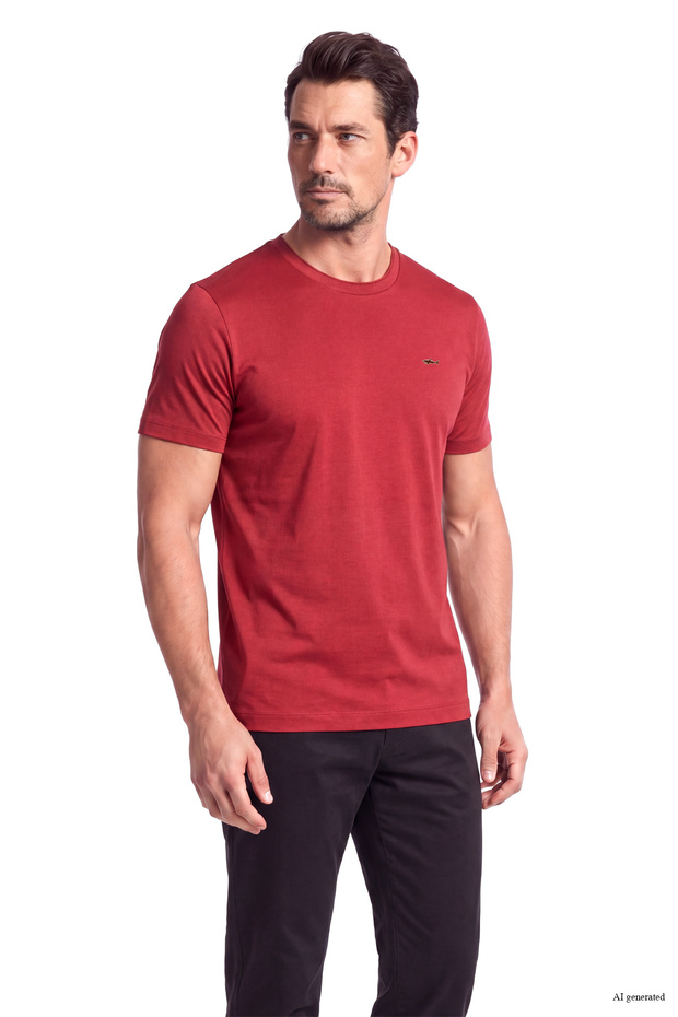 Men's Regular Fit Metallic Logo Detailed Round Neck Short Sleeve Red T-Shirt