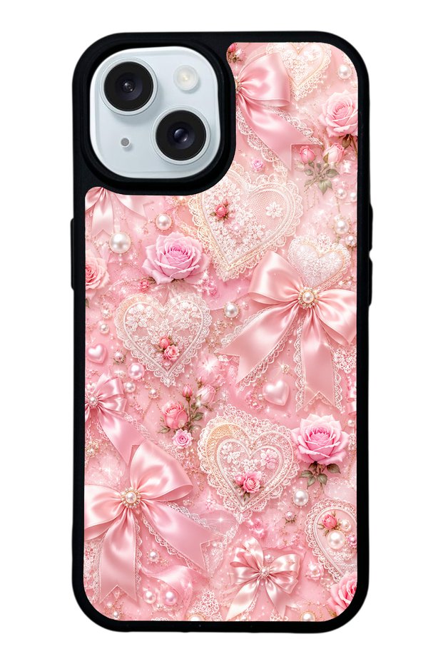 iPhone 15 Pink Lace Romance Design Glossy Phone Case