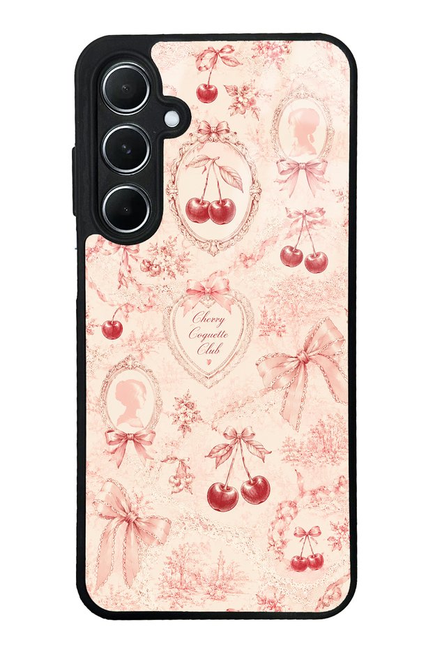 Samsung A55 Glossy Phone Case with Cherry Coquette Toile Design