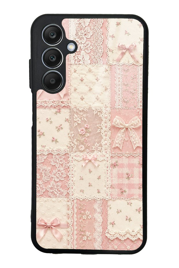 Samsung A25 Glossy Phone Case with Pink Lace Patchwork Design
