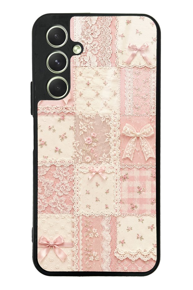Samsung A54 Glossy Phone Case with Pink Lace Patchwork Design