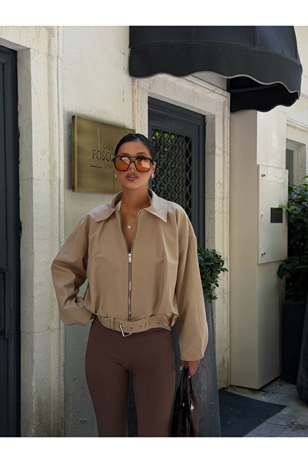 Belted Drawstring Bomber Trench Jacket