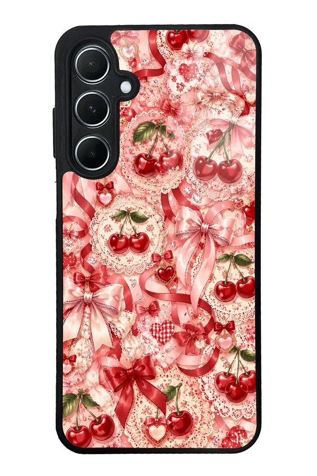 Samsung A55 Glossy Phone Case with Cherry Lace Fantasy Design