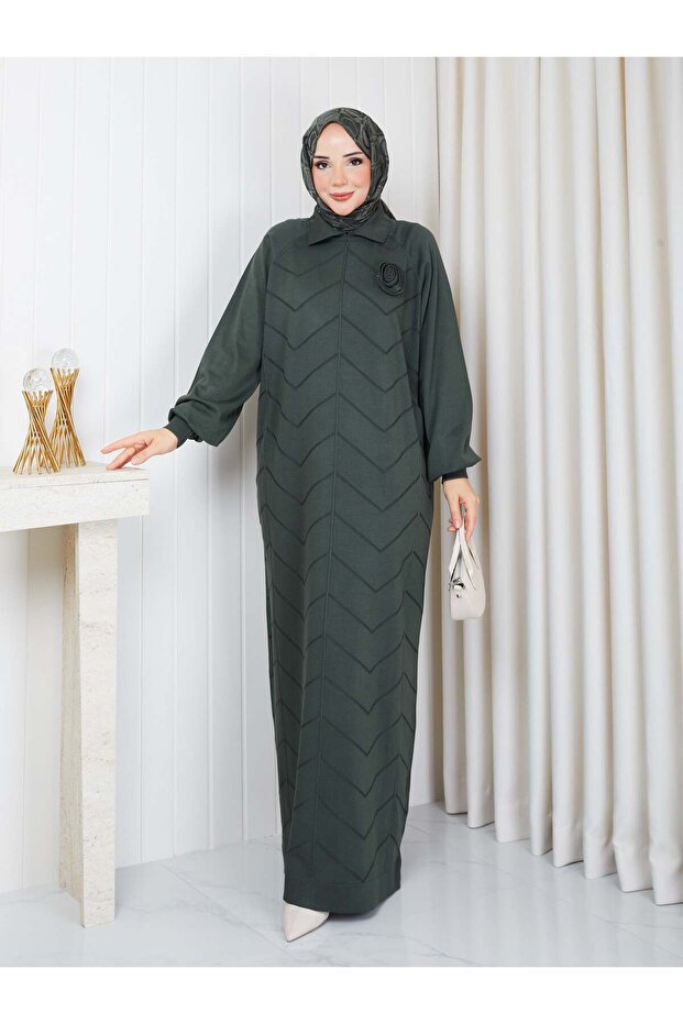Knitted Dress with Roses on the Chest, Khaki