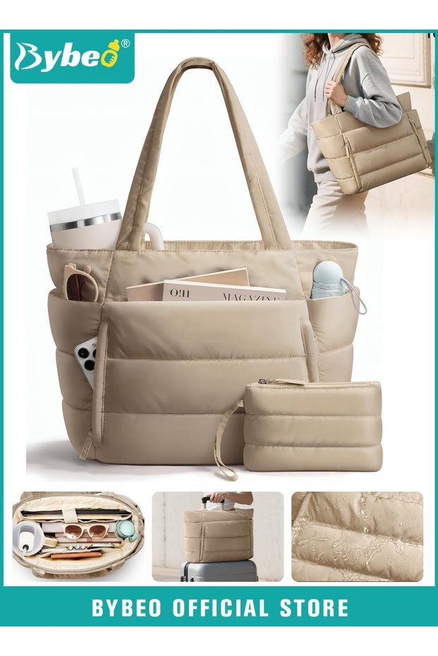 Tote Bag for Women, Diaper Bag Tote, Puffy Tote Bag with Purse Bag, Large Quilted Shoulder Bag with Multiple Compartments, Lightweight Laptop Bag, Waterproof Commuter Travel Tote for Travel, Work, Gy