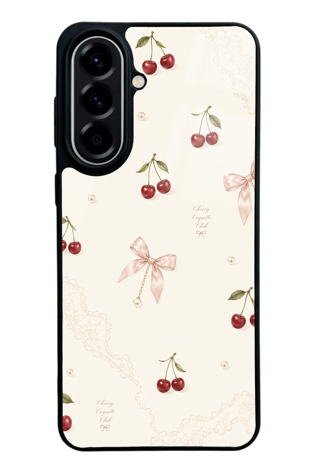 Samsung A57 Glossy Phone Case with Cherry Pearl Lace Design