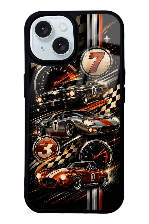 iPhone 15 Glossy Phone Case with Retro Speed Icons Design