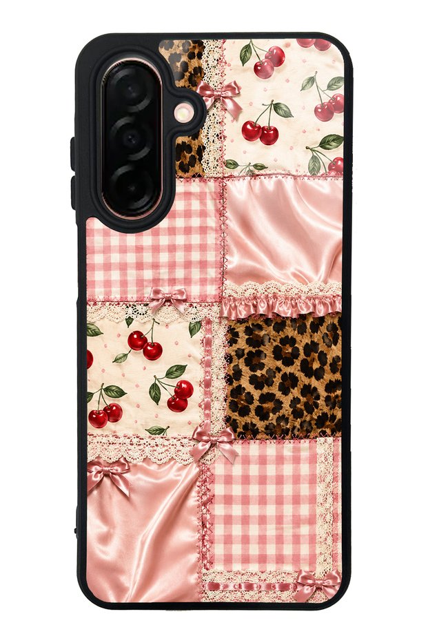 Samsung A26 Glossy Phone Case with Cherry Leopard Patchwork Design