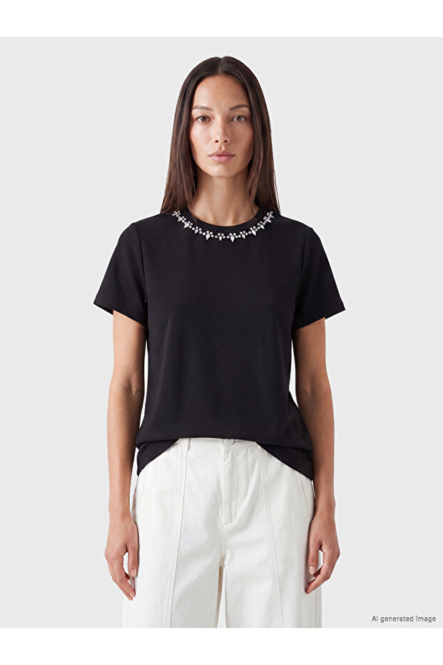 Özmarka New Season Black Crew Neck Beaded Embroidered Blouse