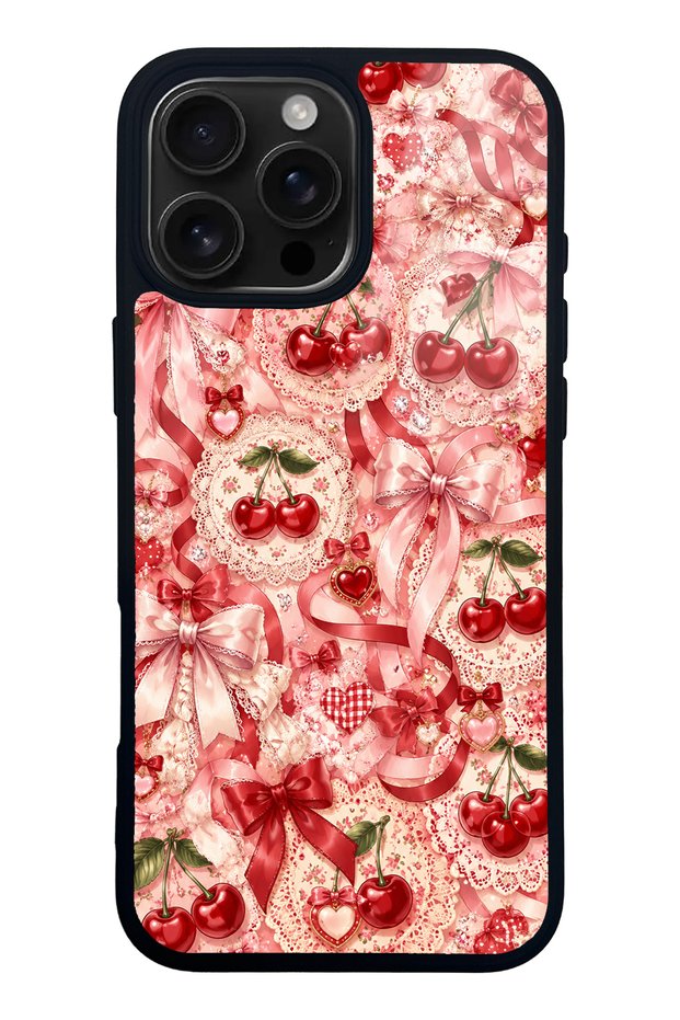 iPhone 16 Pro Max Cherry Lace Fantasy Design Glossy Phone Case