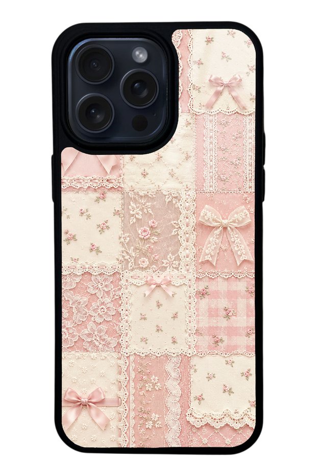 iPhone 15 Pro Max Glossy Phone Case with Pink Lace Patchwork Design