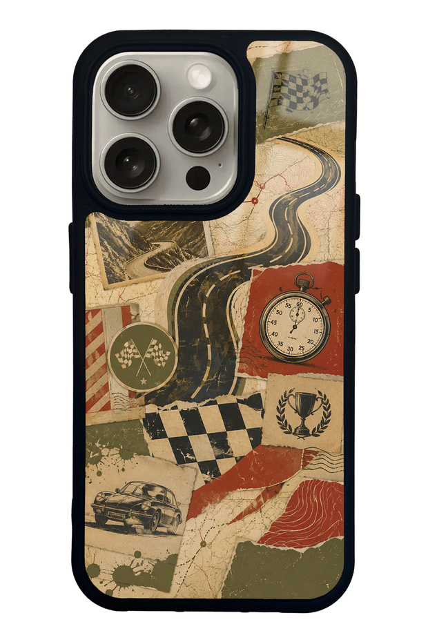 iPhone 15 Pro Retro Road Racing Design Glossy Phone Case