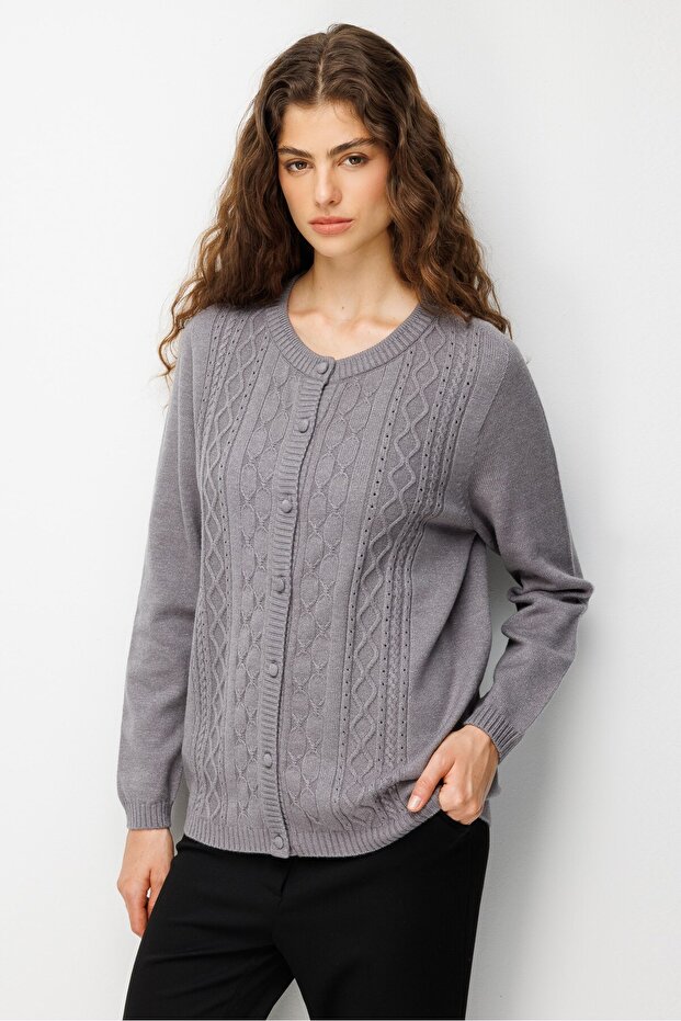 Women's Crew Neck Front Buttoned Knitwear Cardigan Smoked