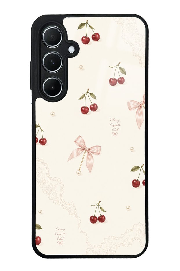 Samsung A55 Glossy Phone Case with Cherry Pearl Lace Design