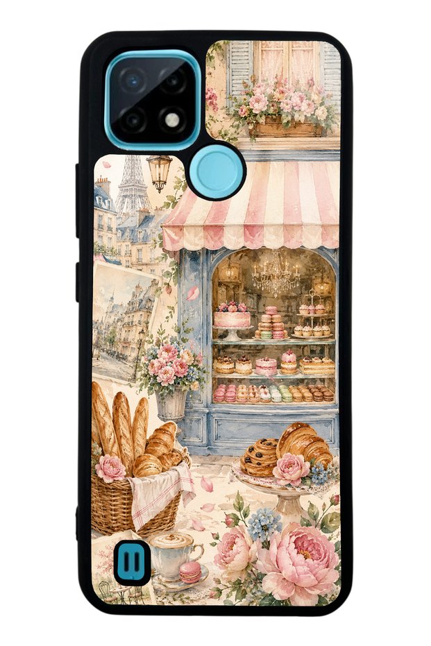 حافظة هاتف لامعة بتصميم Realme C21 Paris Café Bloom