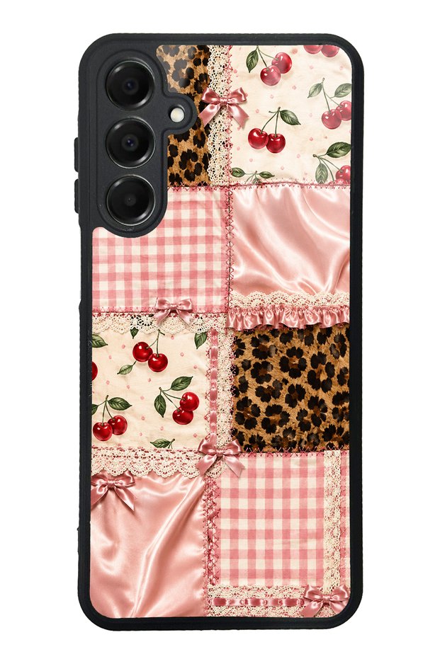 Samsung A16 Glossy Phone Case with Cherry Leopard Patchwork Design