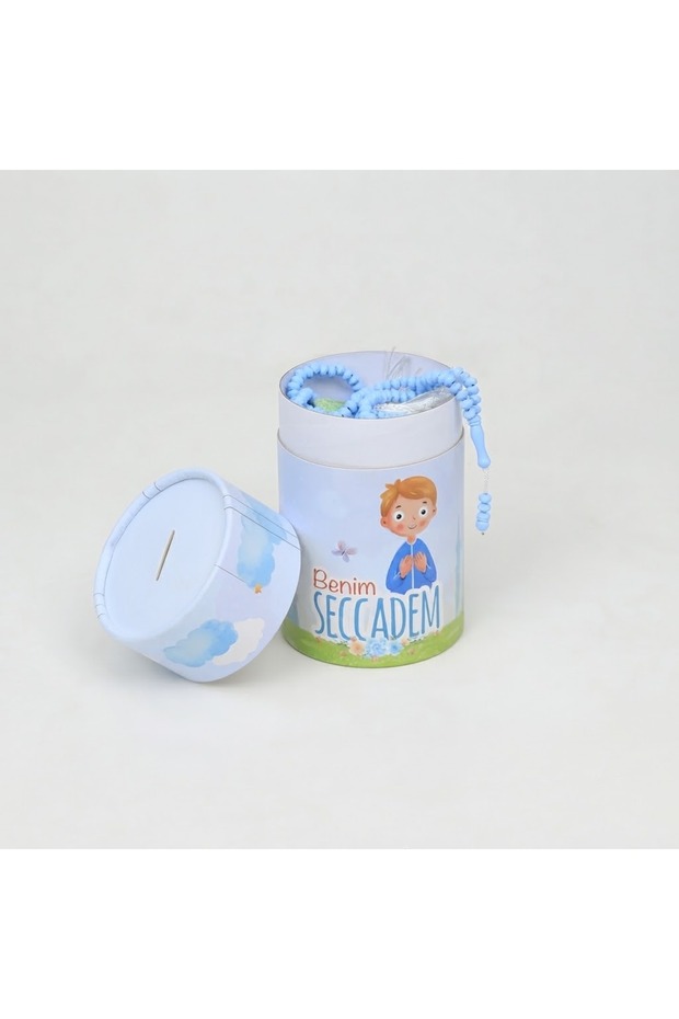 Blue Children's Gift Set with Piggy Bank Reyyan Children's Prayer Mat 45X70 cm Rose Scented Prayer Beads Cylinder Box