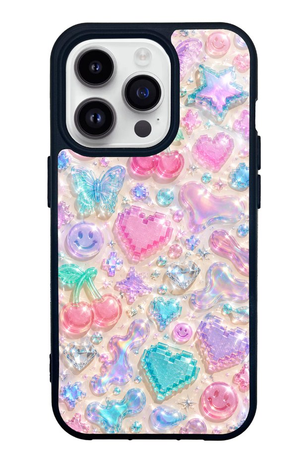 iPhone 14 Pro Y2K Glossy Phone Case with Jelly Charms Design