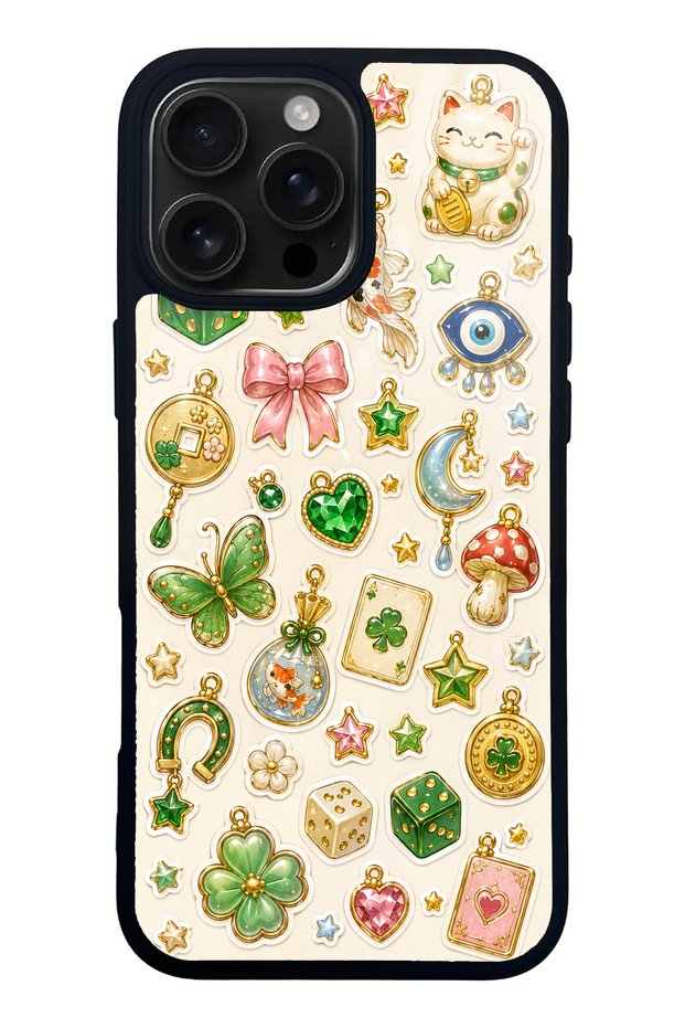 iPhone 16 Pro Max Glossy Phone Case with Lucky Star Charms Design