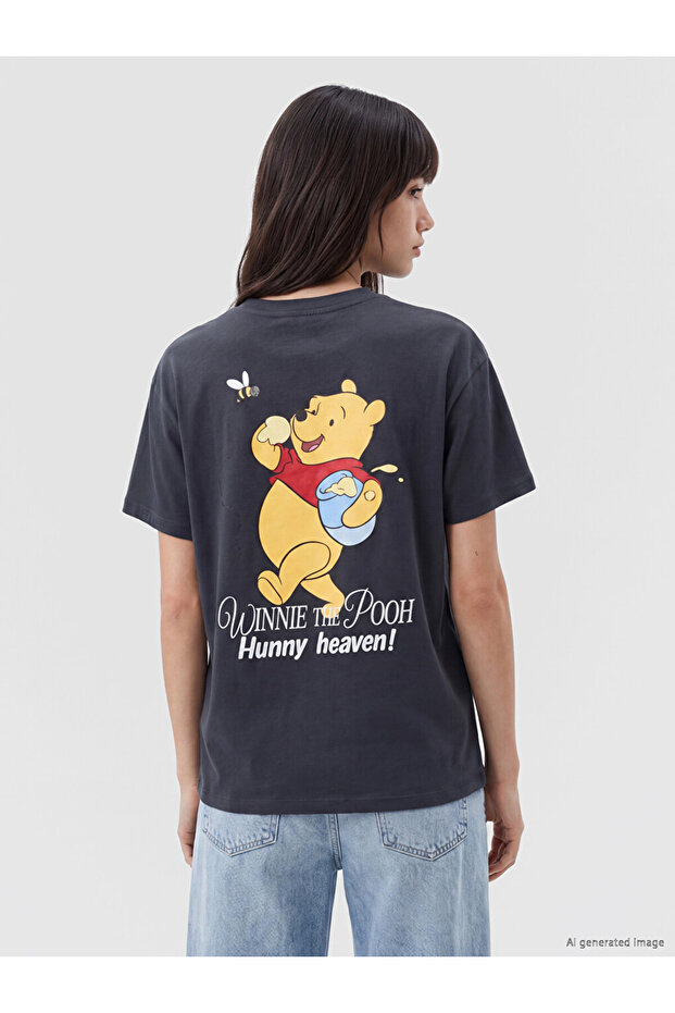 Anthracite Winnie the Pooh Printed Cotton Women's T-Shirt
