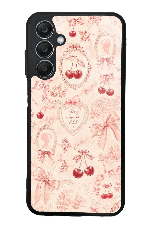 Samsung A25 Glossy Phone Case with Cherry Coquette Toile Design
