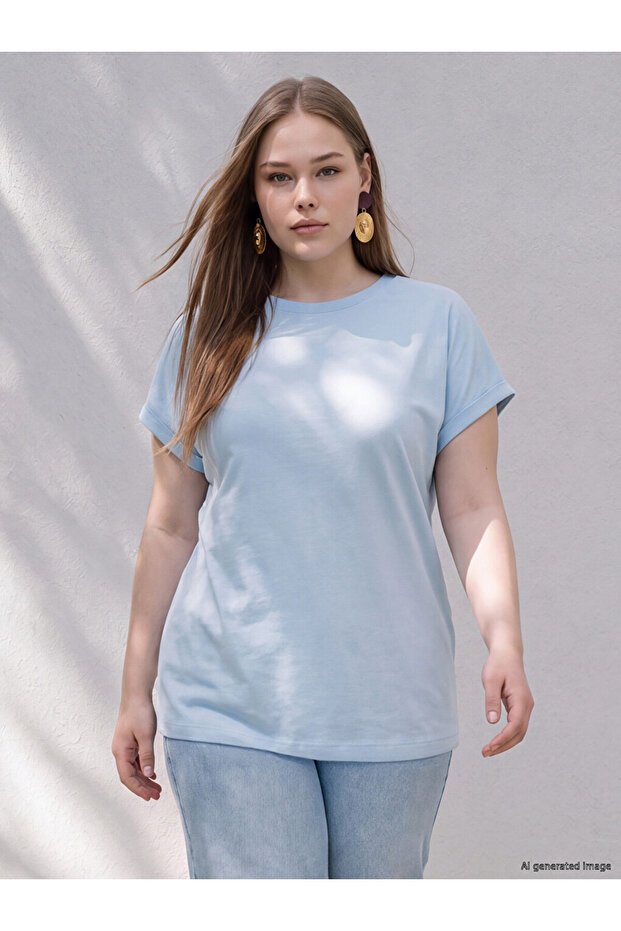 Lcw Curve Blue Large Size 100% Cotton Women's T-Shirt