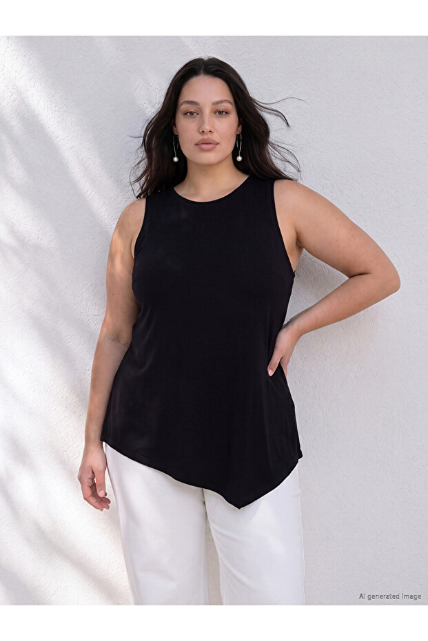 Vizyon New Season Black Plus Size Asymmetrical Cut Women's Undershirt