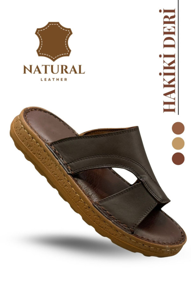 Genuine Leather Men's Slippers - Genuine Leather Men's Slippers with Soft Thick Soles a Brown