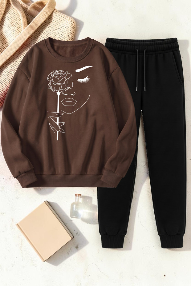 Unisex Rose & Silhouette Design Printed Crew Neck Sweatshirt - 2-Piece Tracksuit Set