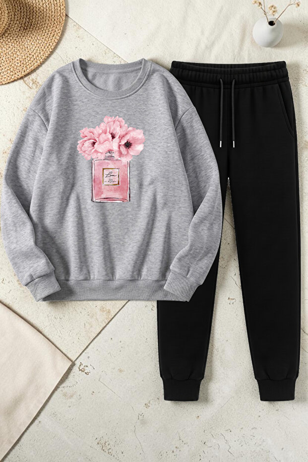 Unisex Design Printed Crew Neck Sweatshirt - 2-Piece Tracksuit Set