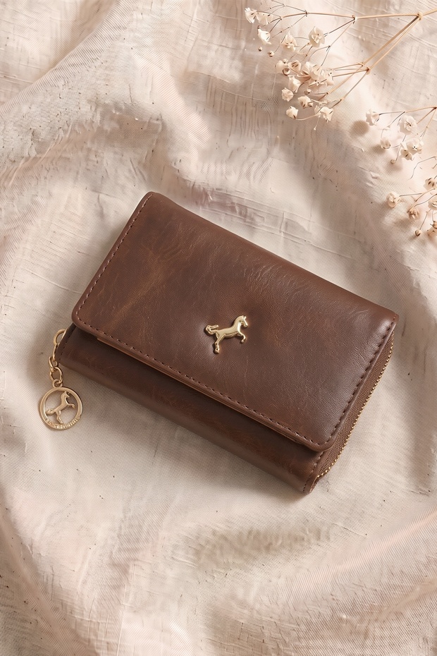 Brown Wallet with Logo Detail and Snap Fasteners