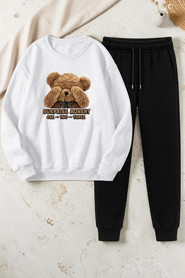 Unisex Surprise Bear Design Printed Crew Neck Sweatshirt - 2-Piece Tracksuit Set